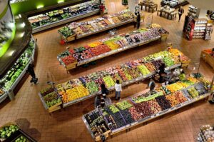 Supermarket aisles full of produce