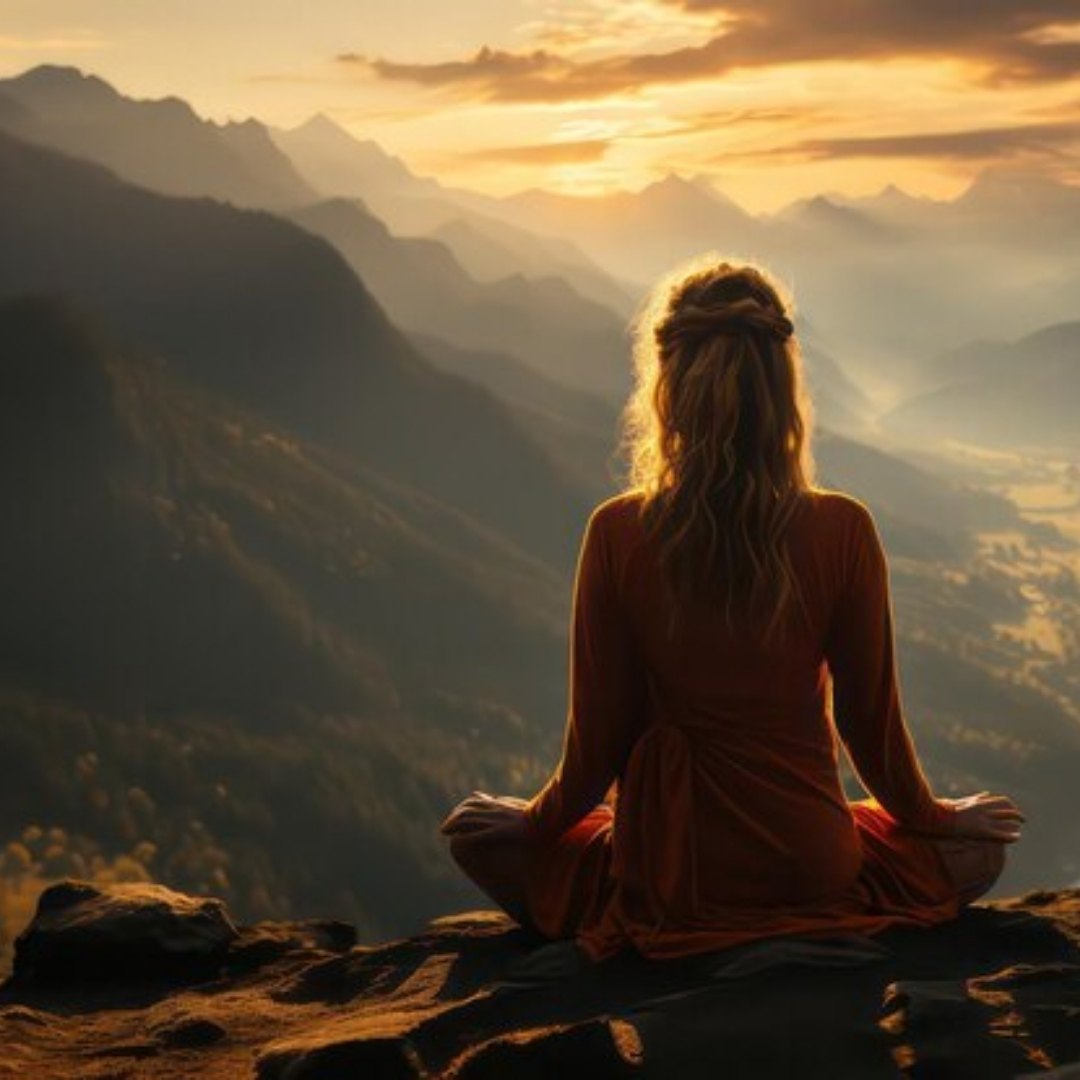 A woman meditating on a mountain top