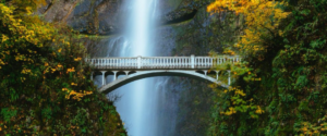 A bridge under a waterfall