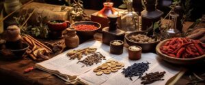 A table of different herbs and Chinese medicine books at Tao to Wellness