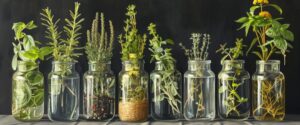 A row of Chinese herbs in mason jars at Tao to Wellness