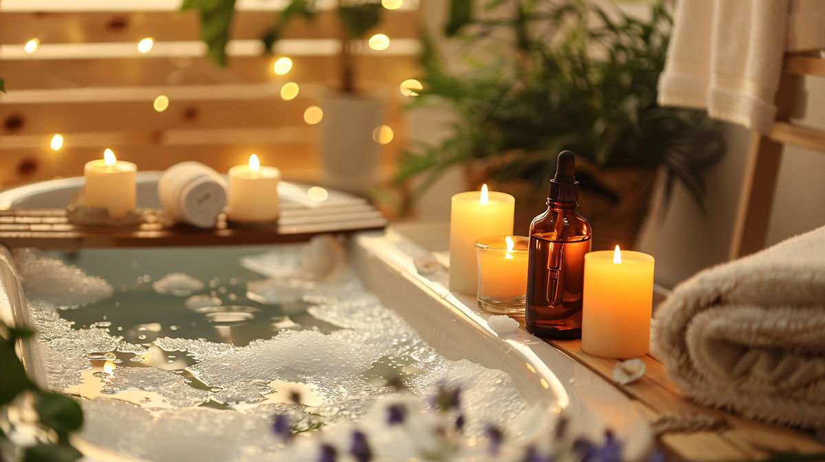 Luxurious spa-like bathtub setup with burning candles, essential oil bottle, and soft towels, creating a serene and relaxing ambiance.