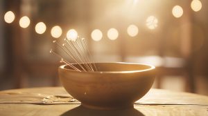 Bowl with acupuncture needles on wooden table.