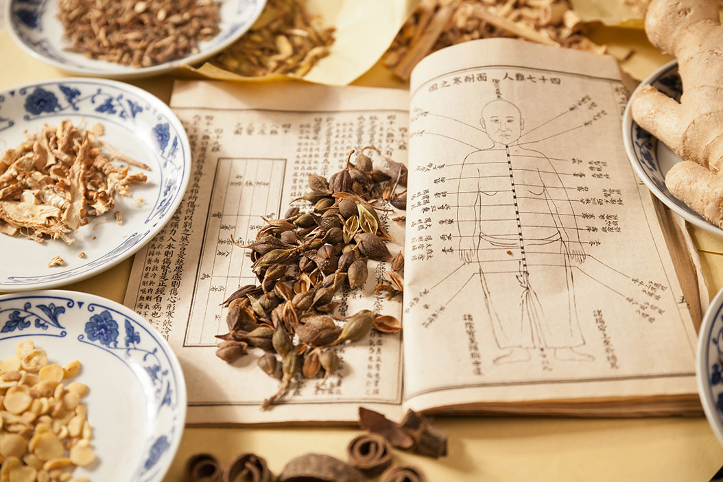 Chinese herbs and acupuncture notes on notebook.