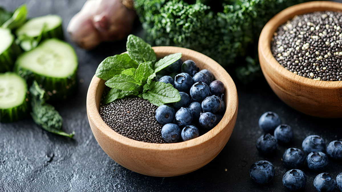 Wooden bowls filled with chia seeds, fresh blueberries, and mint leaves, surrounded by cucumbers and kale, showcasing healthy superfoods and clean eating.