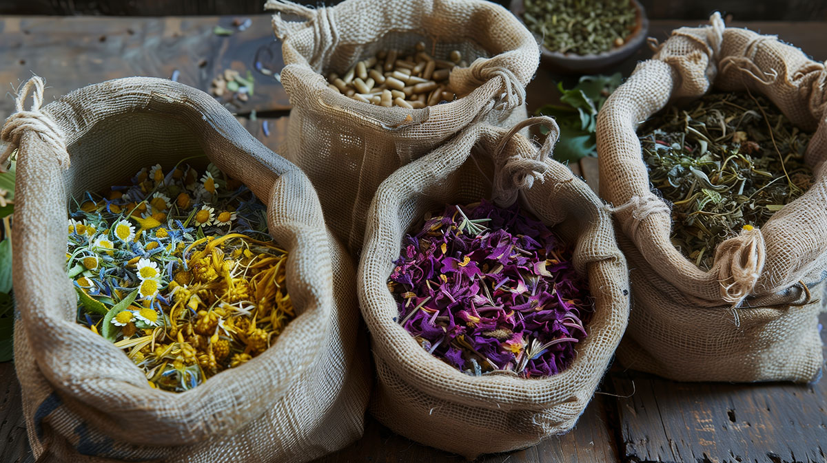 Herbal poultices and ancient remedies are showcased artistically, emphasizing traditional manual therapy techniques and age-old therapeutic practices.