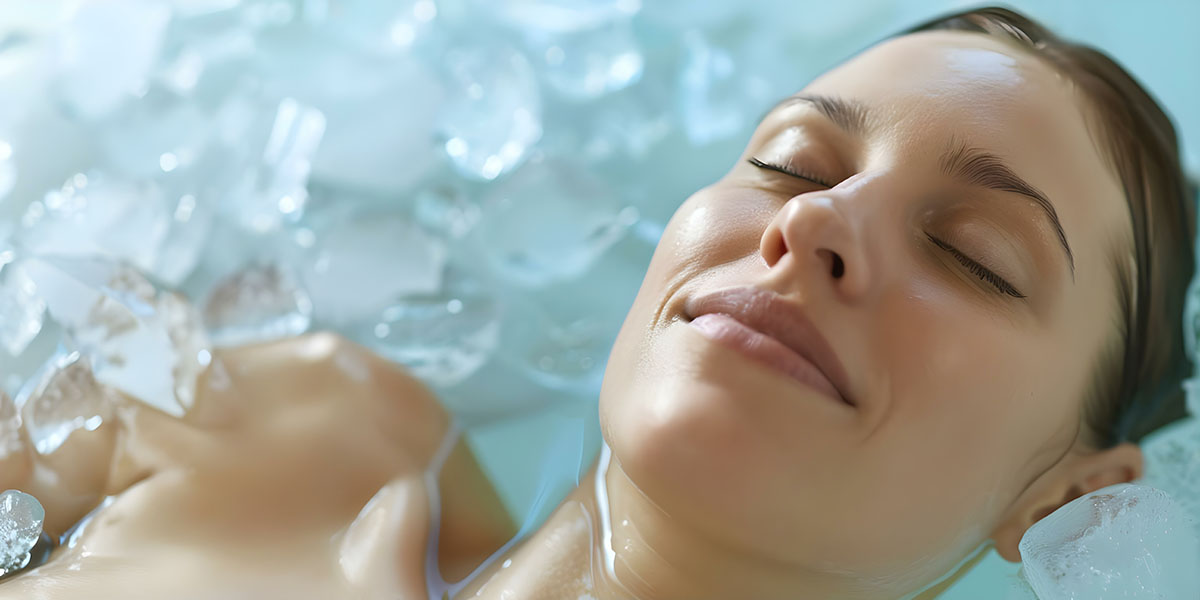 Woman experiencing cryotherapy in a contemporary spa for cold water treatment.