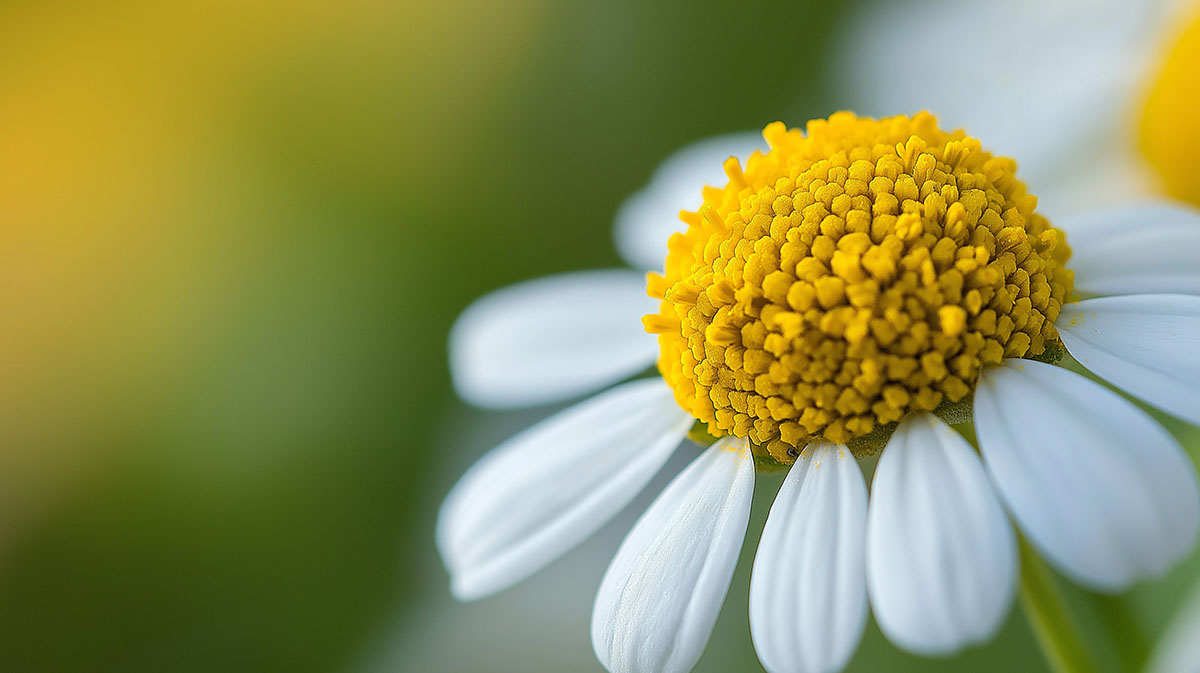 Close-up of a vibrant chamomile flower with white petals and a bright yellow center, symbolizing natural remedies and herbal wellness.