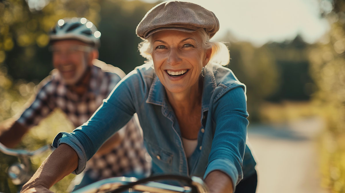 Happy senior couple cycling outdoors leading active healthy lifestyle.