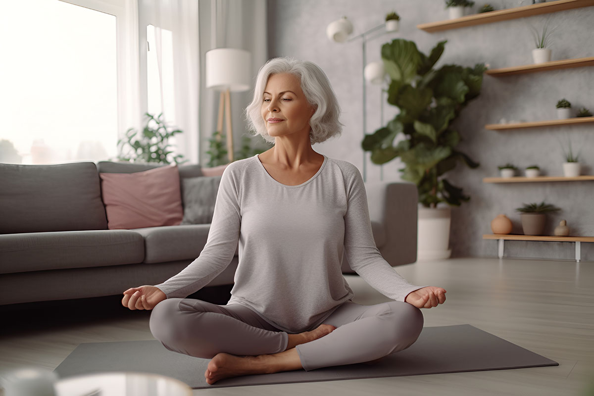 Middle-aged woman, 50, with gray hair, practicing yoga at home in living room.