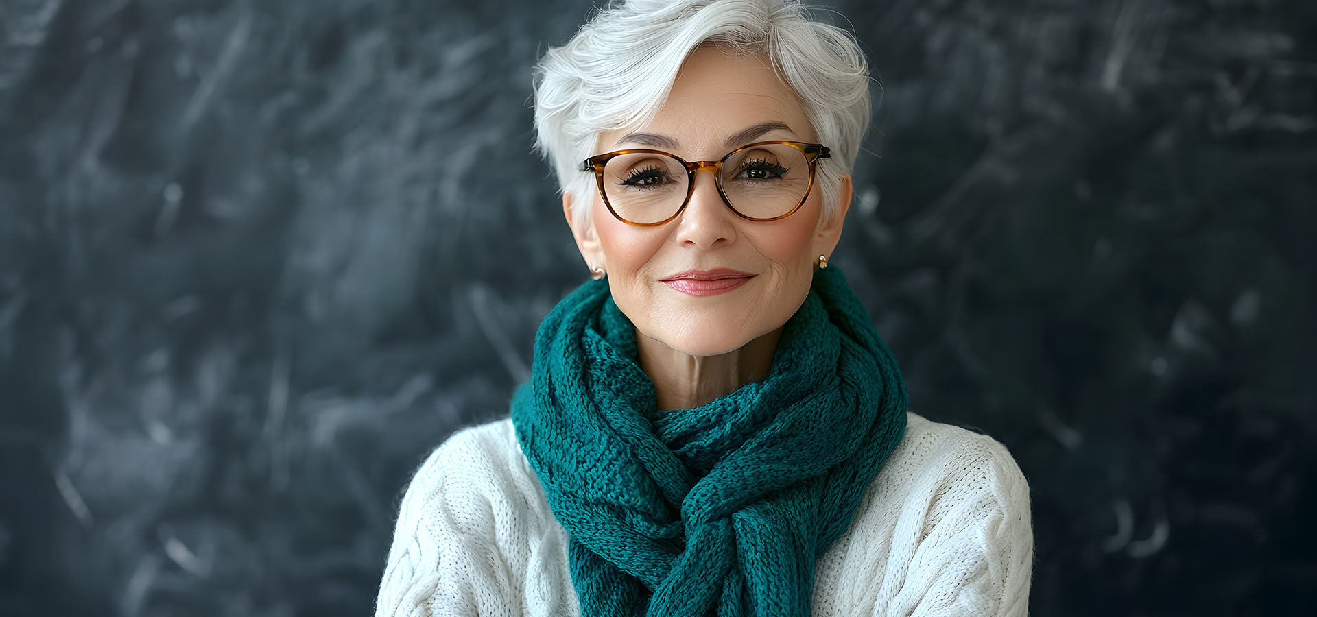 Confident older woman with short white hair wearing glasses, a teal scarf, and a white sweater, standing against a dark background, symbolizing elegance and aging well.