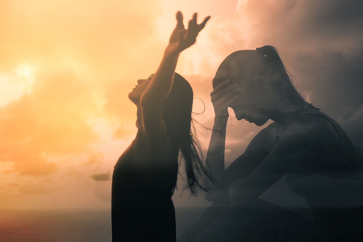 Dual exposure image showing a woman in distress and another celebrating freedom, symbolizing the journey from anxiety to emotional well-being.