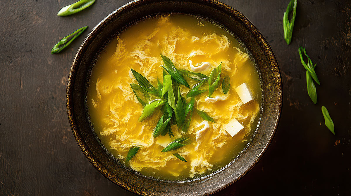 A cozy bowl of egg drop soup topped with fresh green onions. This comforting dish features silky egg swirls in a delicious broth.