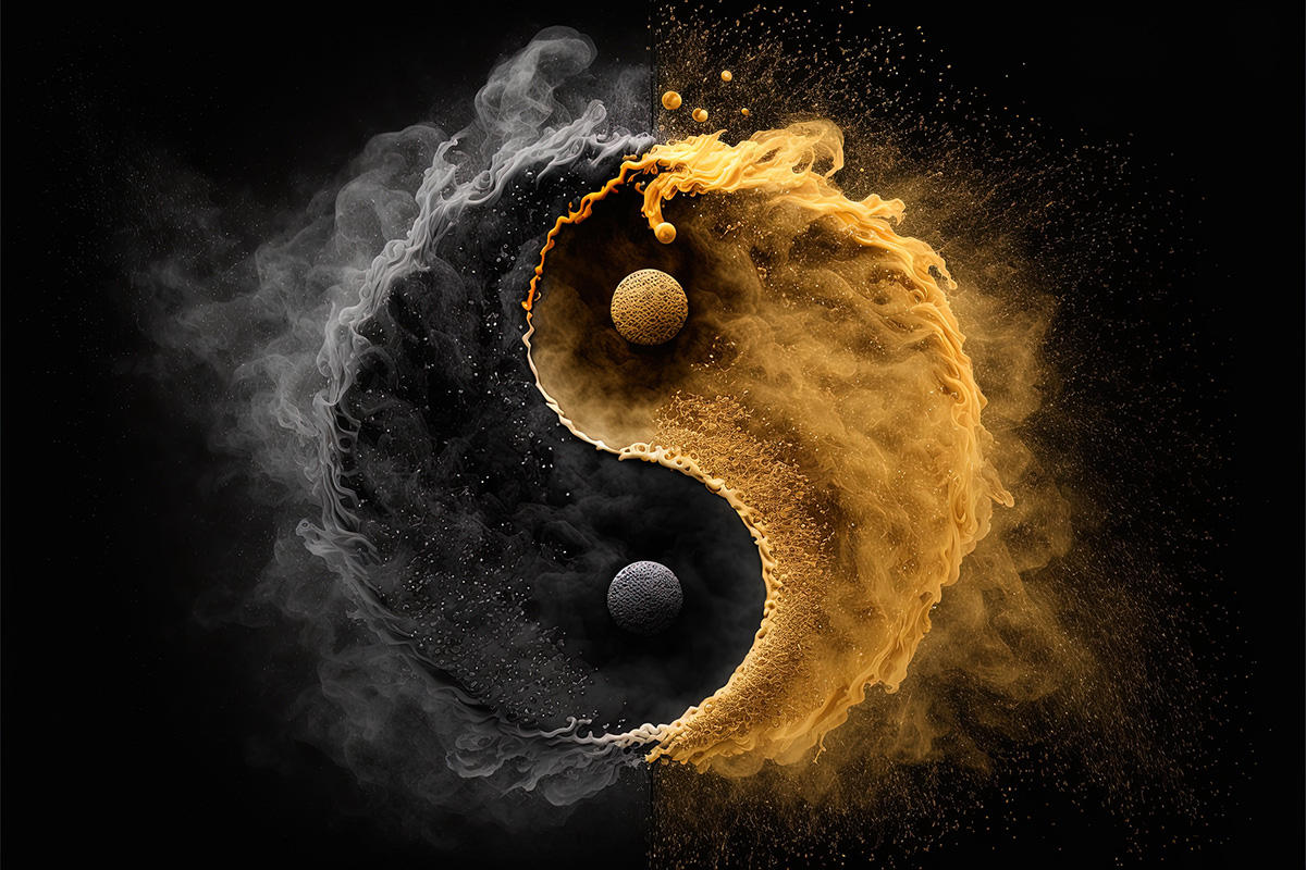 Golden and black yin yang symbol with floating powder on black background.