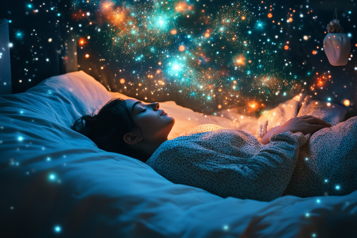 Person lying in bed, with glowing celestial bodies like stars and comets forming constellations above, depicting cosmic dreams.