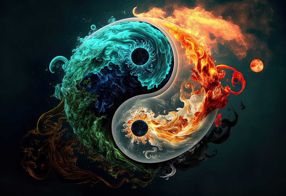 Yin and Yang, water in teal and fire in orange