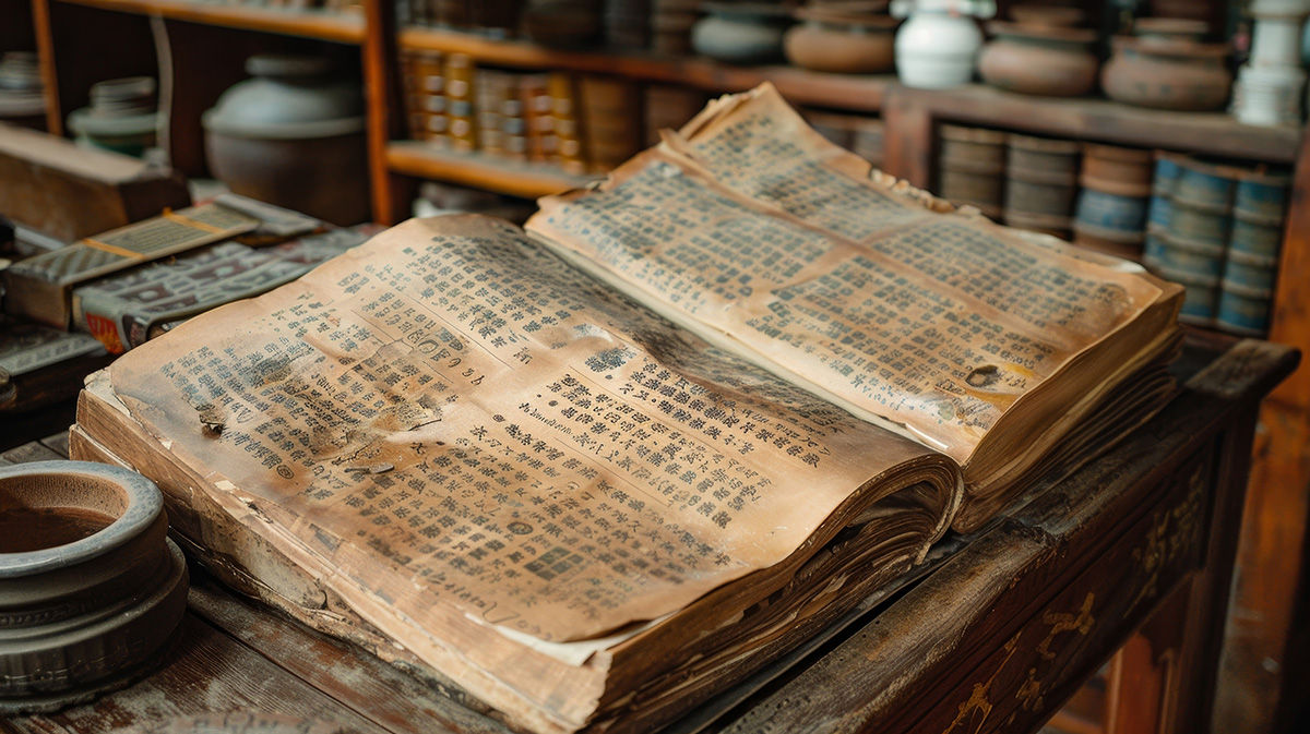 An ancient, weathered book with Chinese characters, lying open on a wooden table, surrounded by pottery and more books in a rustic setting.