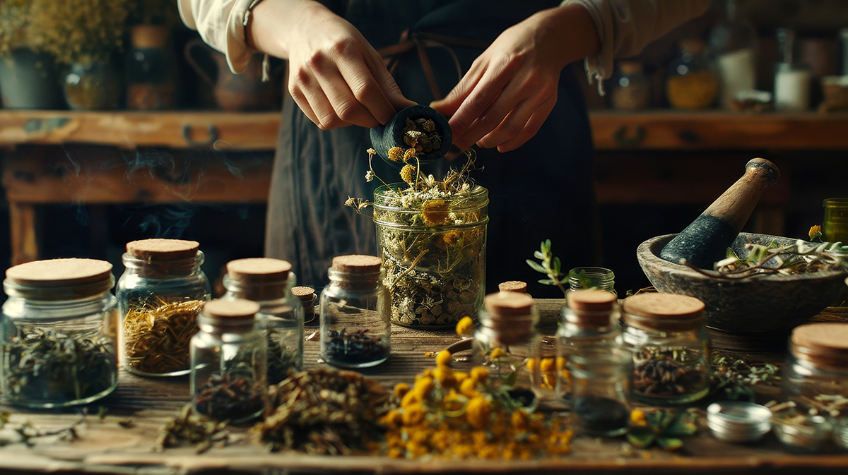 Herbal Apothecary A rustic wooden table is adorned with an array of dried herbs, glass jars, and mortar and pestle, as a person carefully prepares herbal remedies with skillful hands.