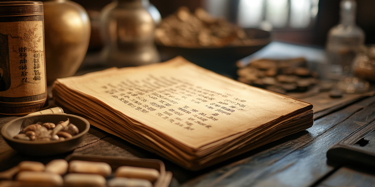 Ancient text and traditional Chinese medicine material are beautifully displayed on wooden table, evoking sense of history and knowledge.