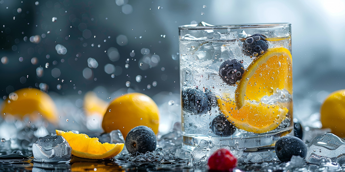 A refreshing glass of citrus and berry sparkling water with ice