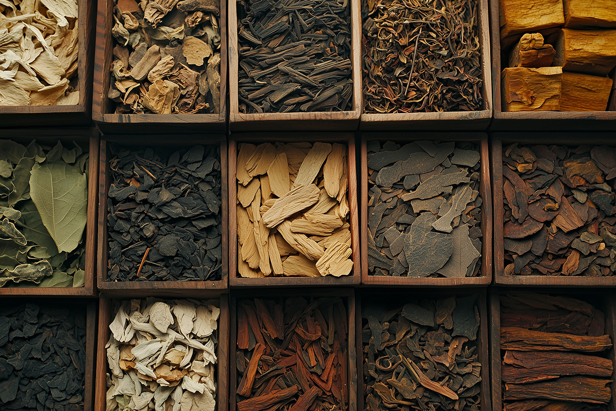 Close up of dried Chinese herbs arranged in wooden boxes, showcasing various textures and colors. This captures essence of traditional herbal medicine.