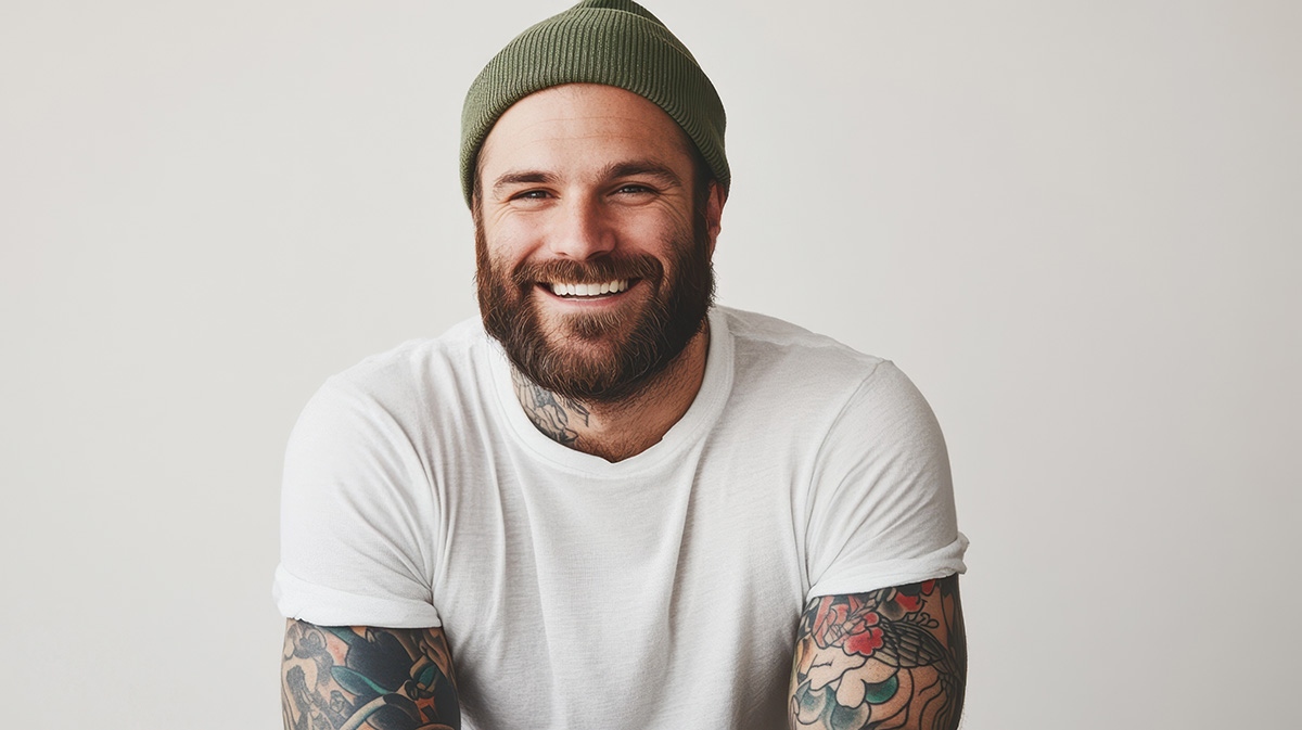 Bearded man with tattoos and a beanie smiling in a white t-shirt.