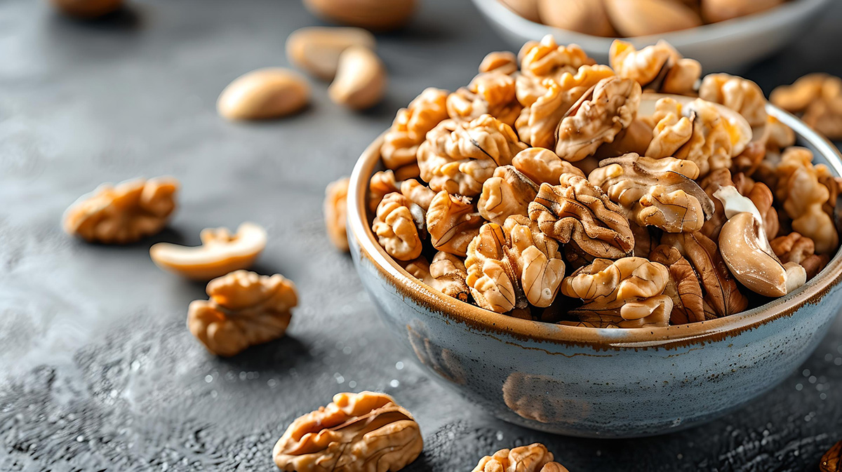 Bowl filled with shelled walnuts on a rustic table.