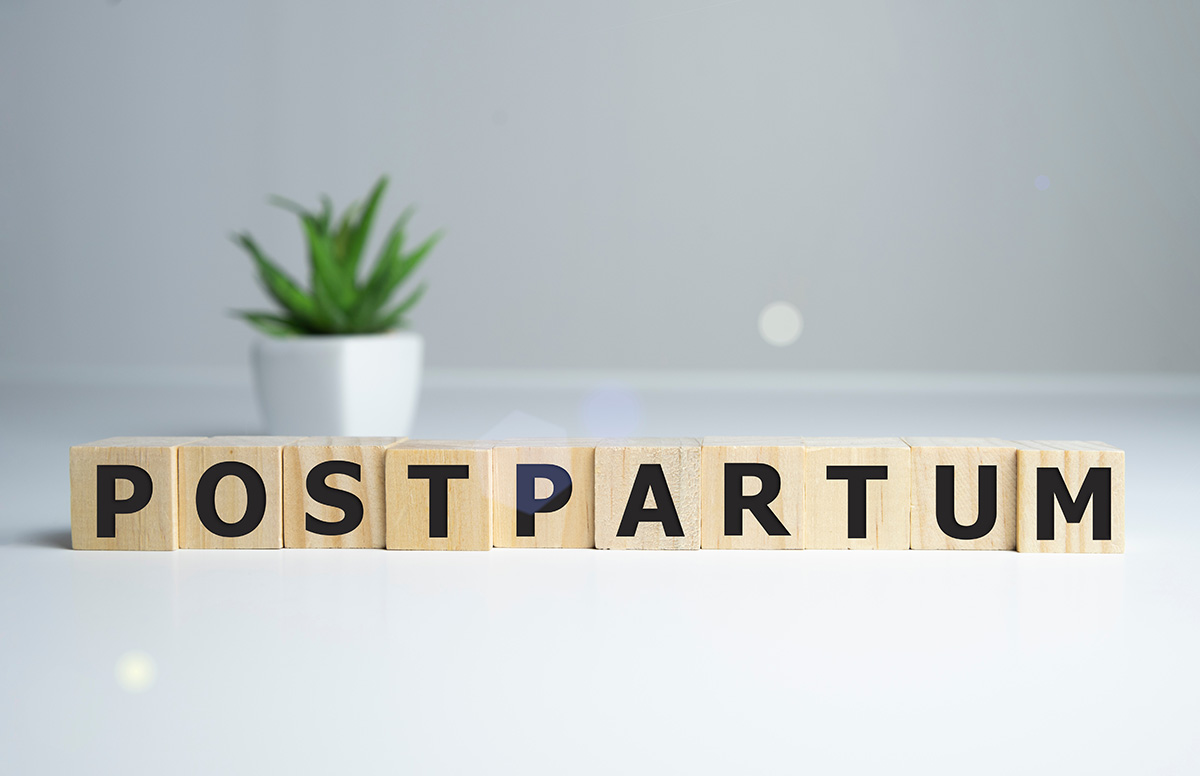 Wooden blocks spelling 'Postpartum' with a green plant in the background, symbolizing postpartum recovery and support.