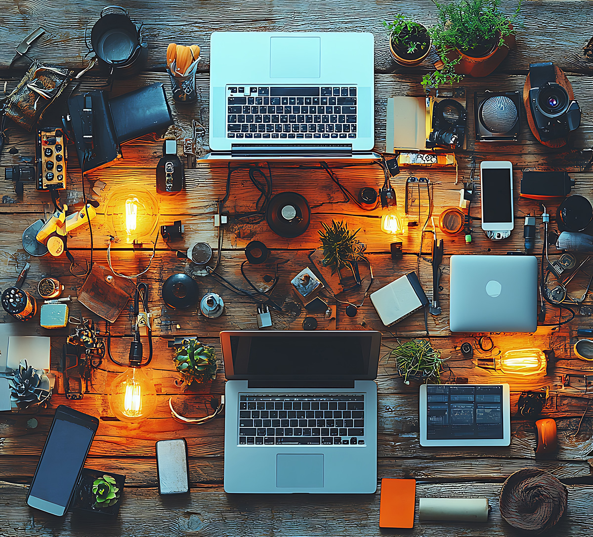 A remote team collaborating on a project with laptops and digital devices