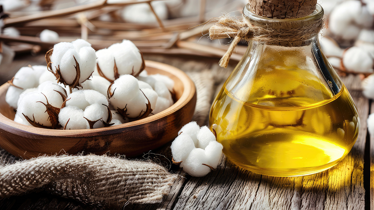 Natural Cotton and Cottonseed Oil on Wooden Table