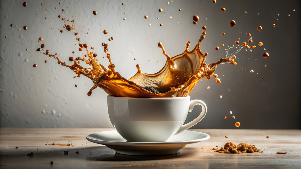 Coffee splashing out of a cup creating chaos and motion.