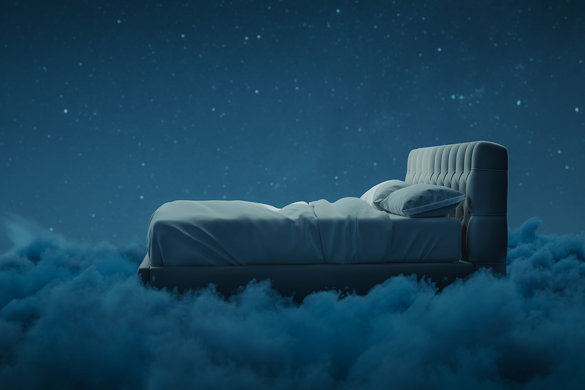 3d rendering of cozy bed over fluffy clouds at night.