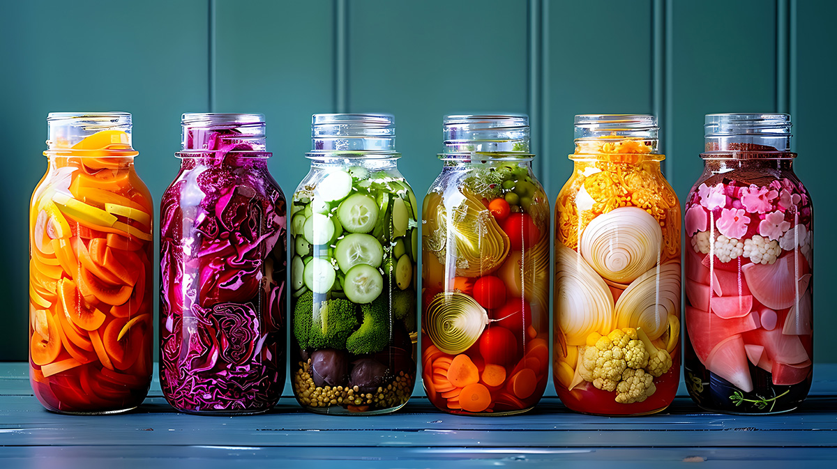 A vibrant collection of assorted fermented foods displayed in jars.