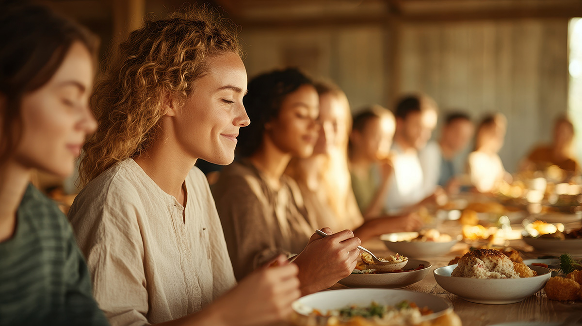 Portrait of a diverse group of people practicing mindful eating at a communal table, highlighting the connection between food and mindfulness.