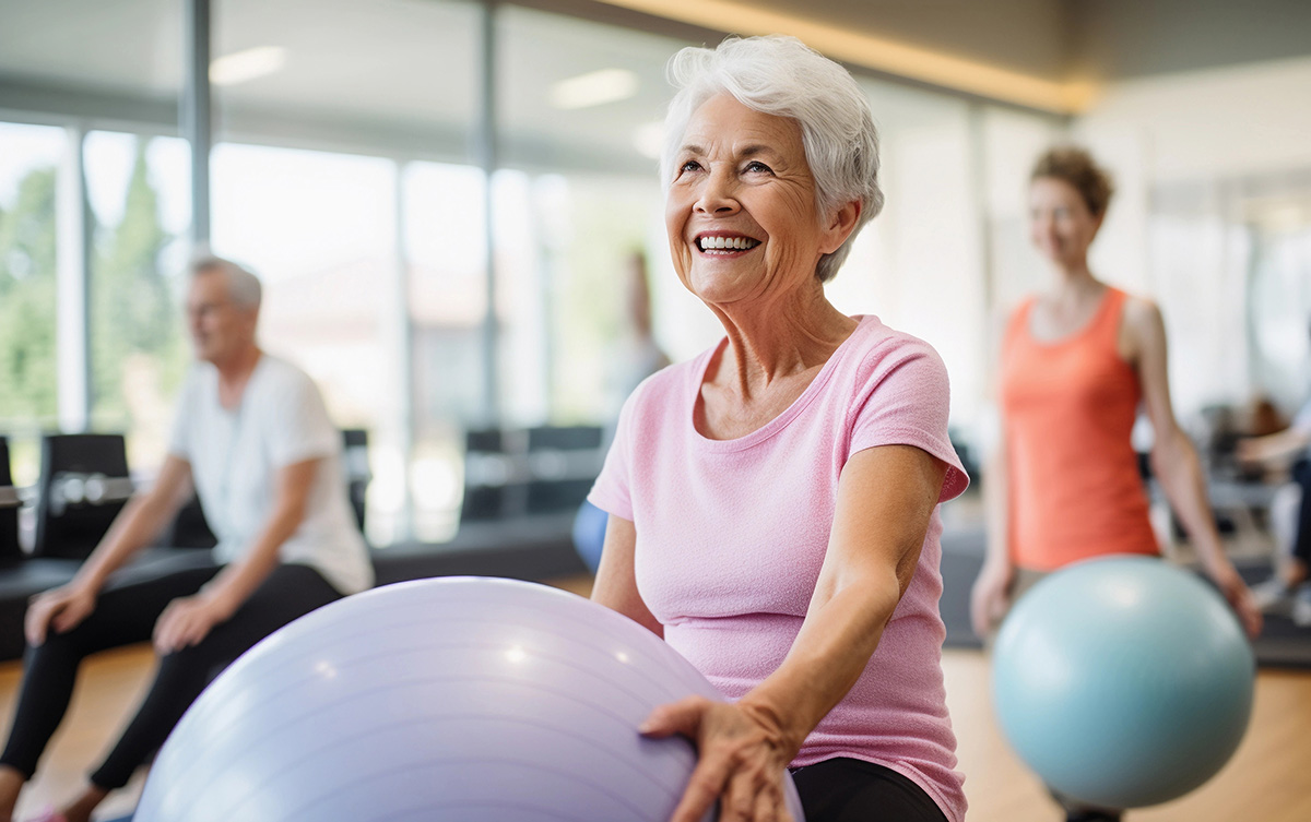 Elderly woman exercising with fitness ball.