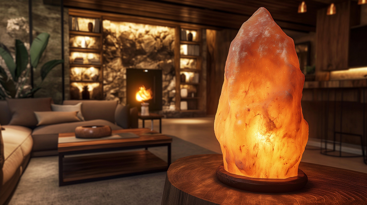 Close up of salt lamp in home apartment standing on a wooden desk.