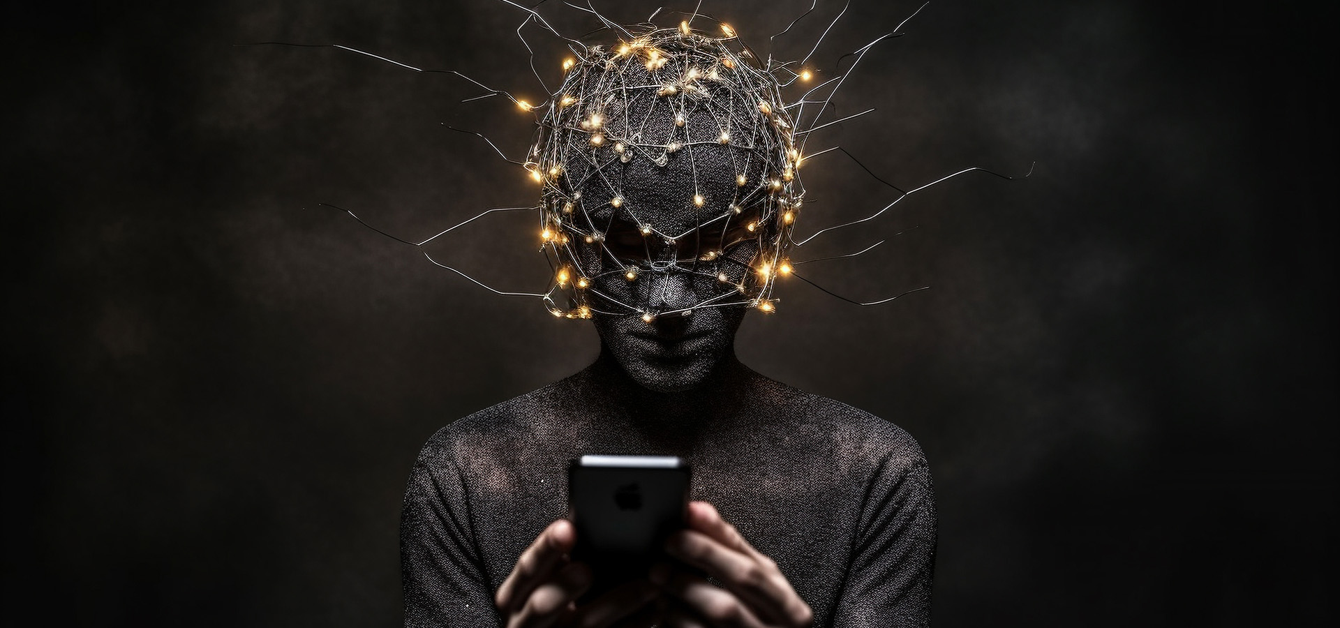 Surreal digital art of a human figure with an illuminated, wired head engrossed in a smartphone, representing screen time addiction and the impact of technology on the mind.