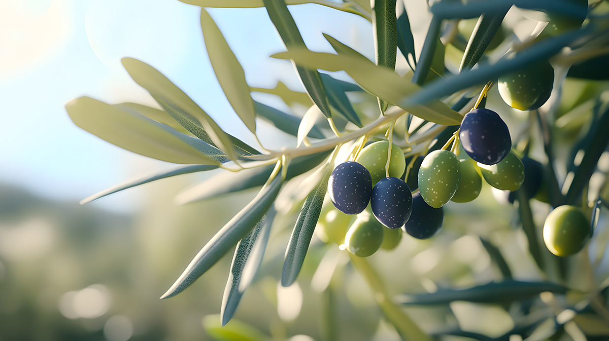 Close-Up of an Olive Tree with Green and Black Olives.