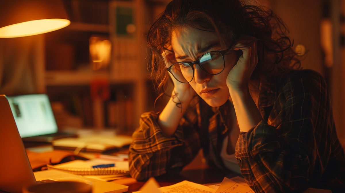 A close-up of an exhausted woman in a home office setting.