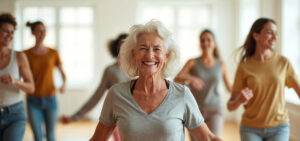 Senior woman smiles, dances in class with group of diverse people.