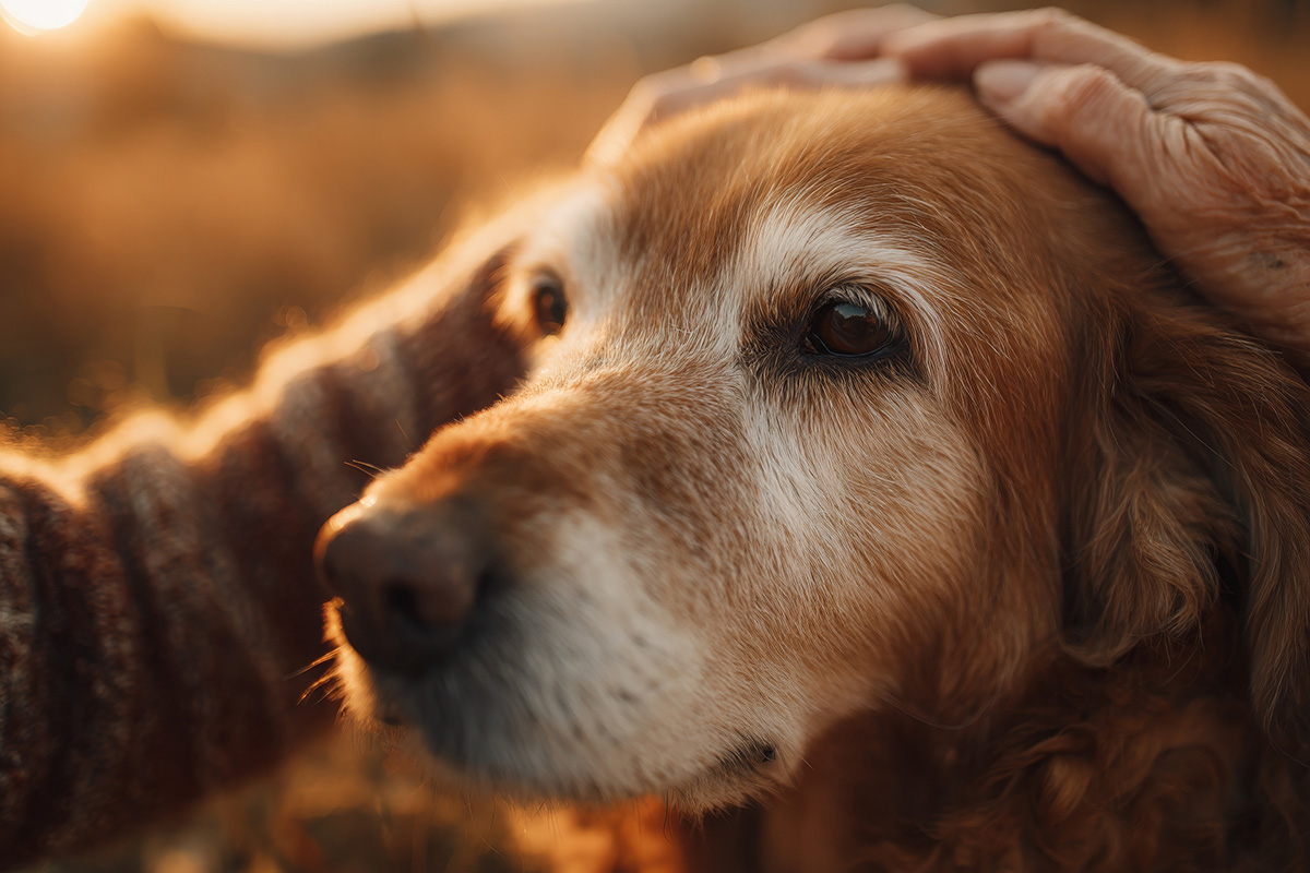 A person petting old dog with love and gratitude.