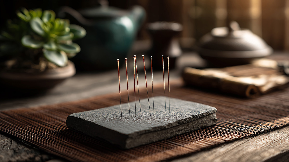 Several acupuncture needles on a dark gray stone