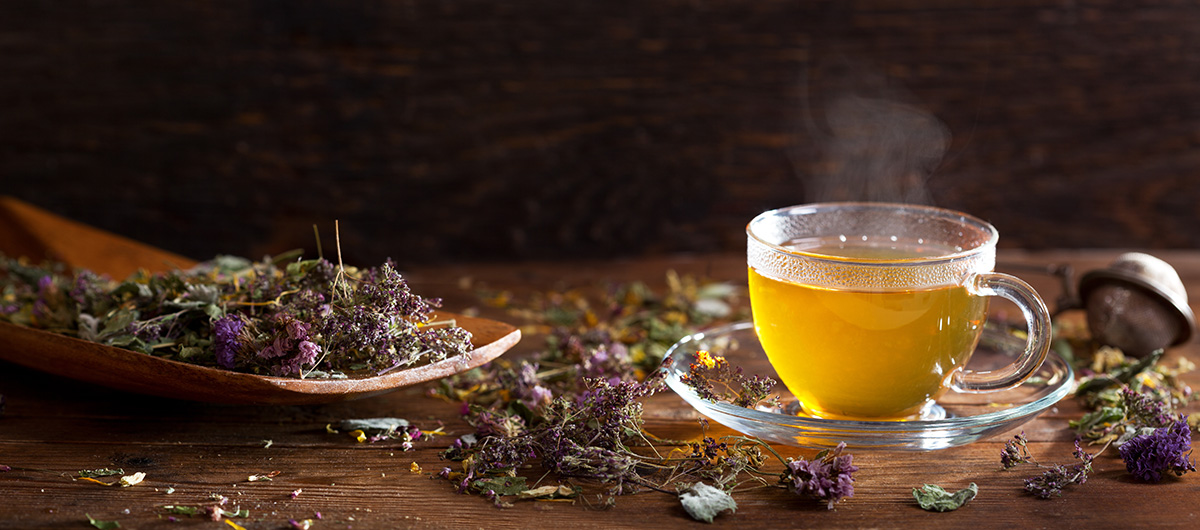 Cup of herbal tea with various herbs on wooden table