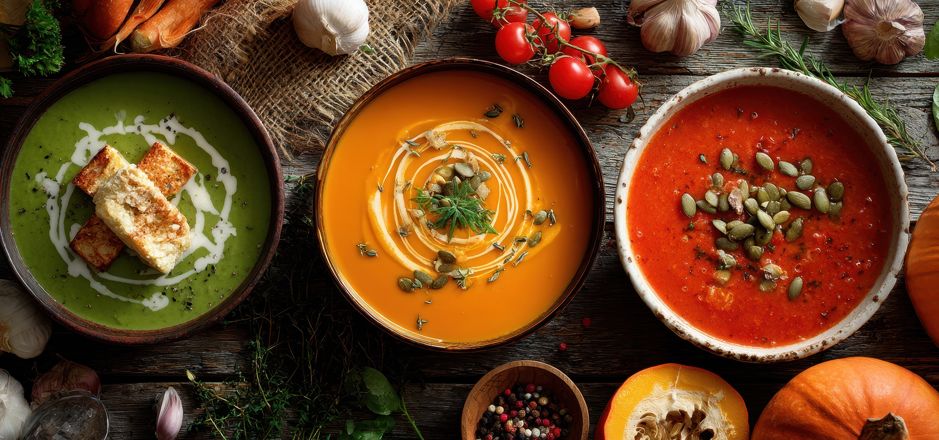 The vibrant display of gourmet soups with fresh ingredients on a rustic table