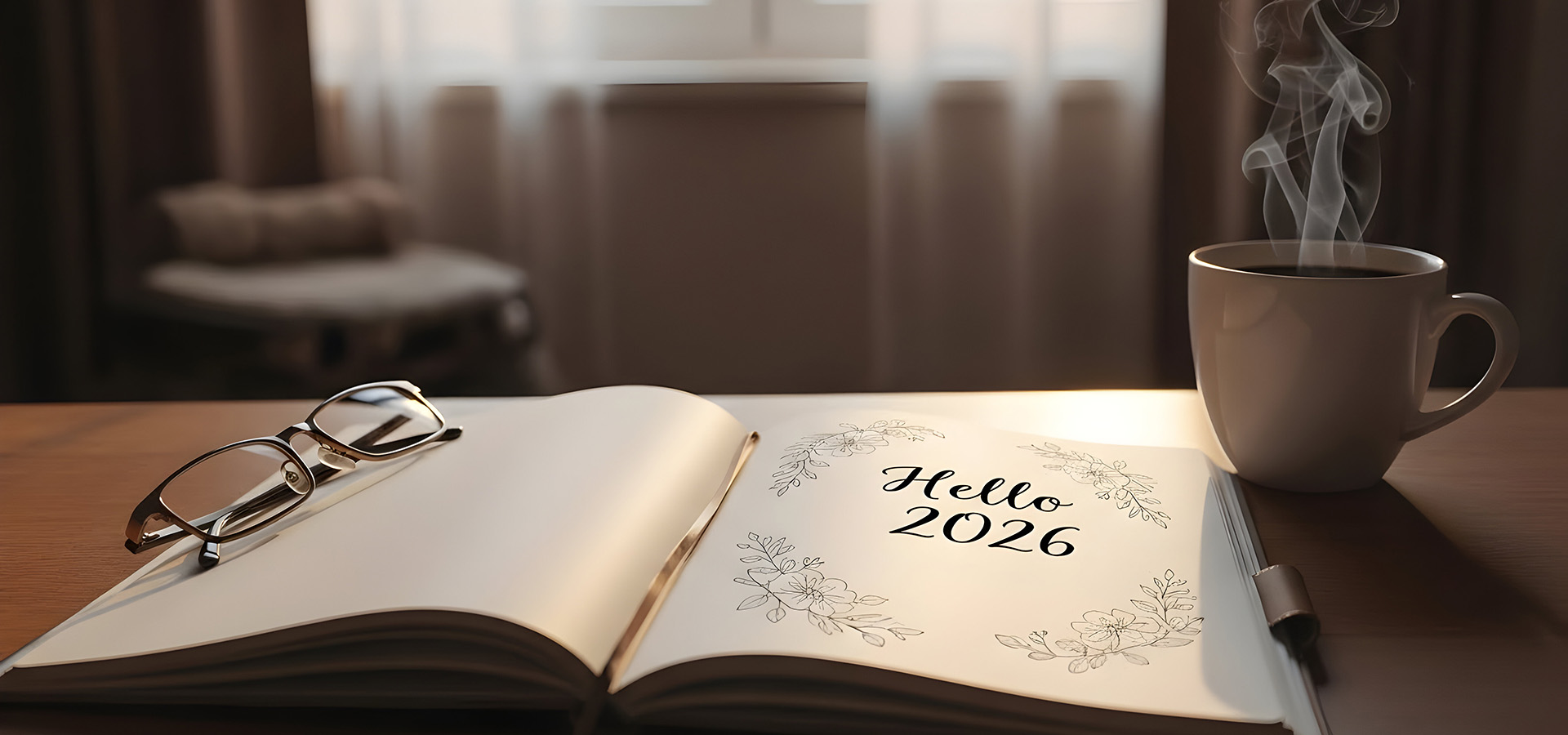 Open planner with hello 2026 message and steaming coffee mug