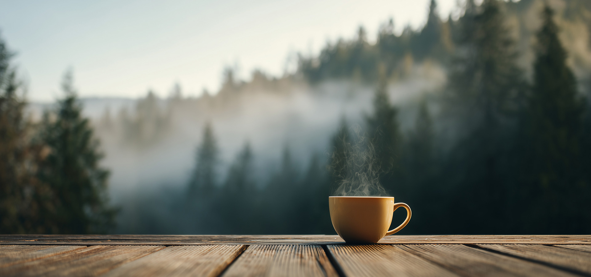 Cozy Morning Coffee in Foggy Pine Forest
