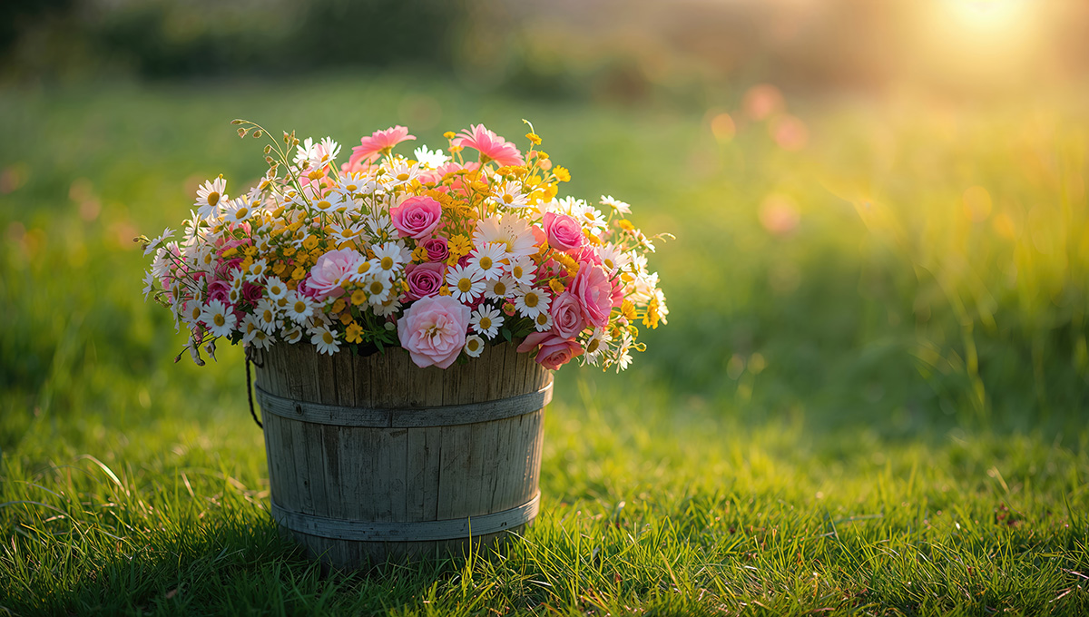 Rustic bouquet of locally grown flowers overflowing from a container