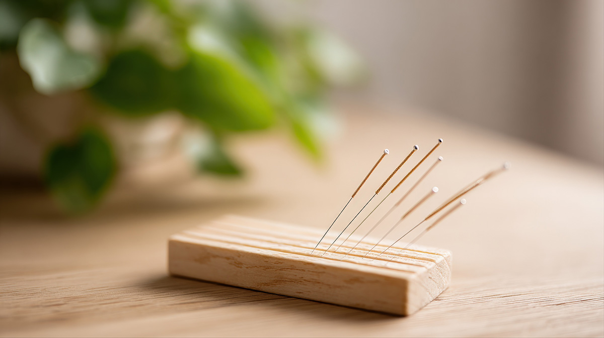 Acupuncture needles in wooden holder.