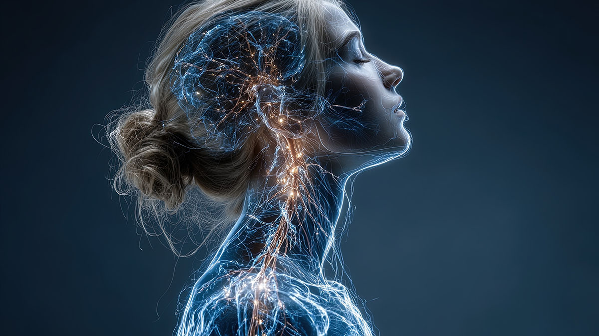 Profile of a woman with her brain and nervous system digitally illustrated