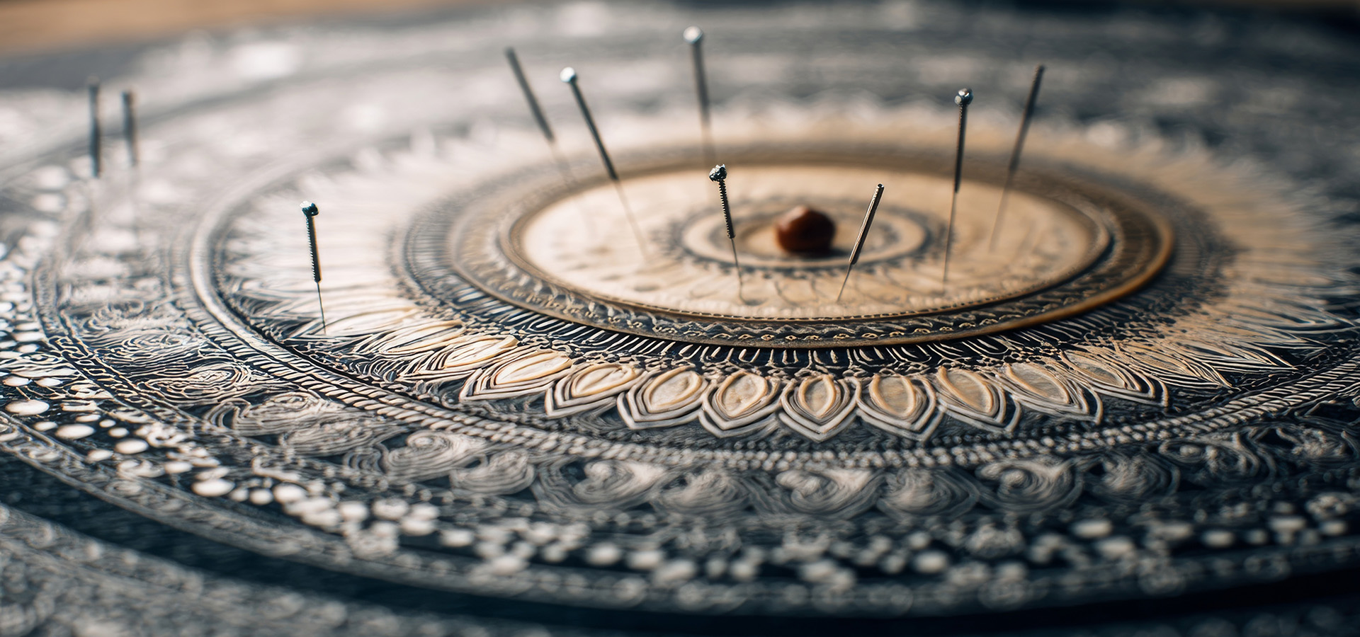 An artistic shot showcases acupuncture needles inserted into a disc.